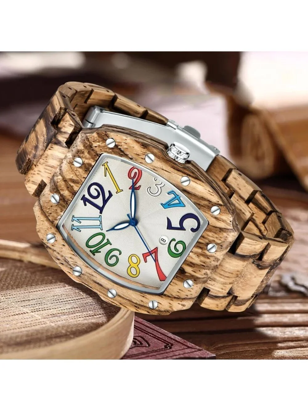 Men's Brown White Classic Handmade Square Bamboo Analog Date Quartz Wooden Watch